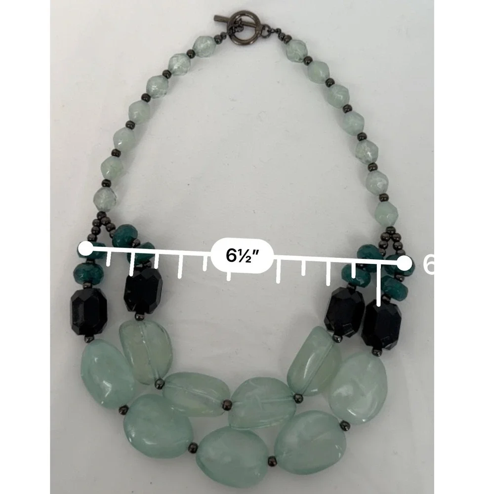 Chunky Beaded Necklace Seafoam Green Teal Black Multi Strand Toggle Chic 103-167